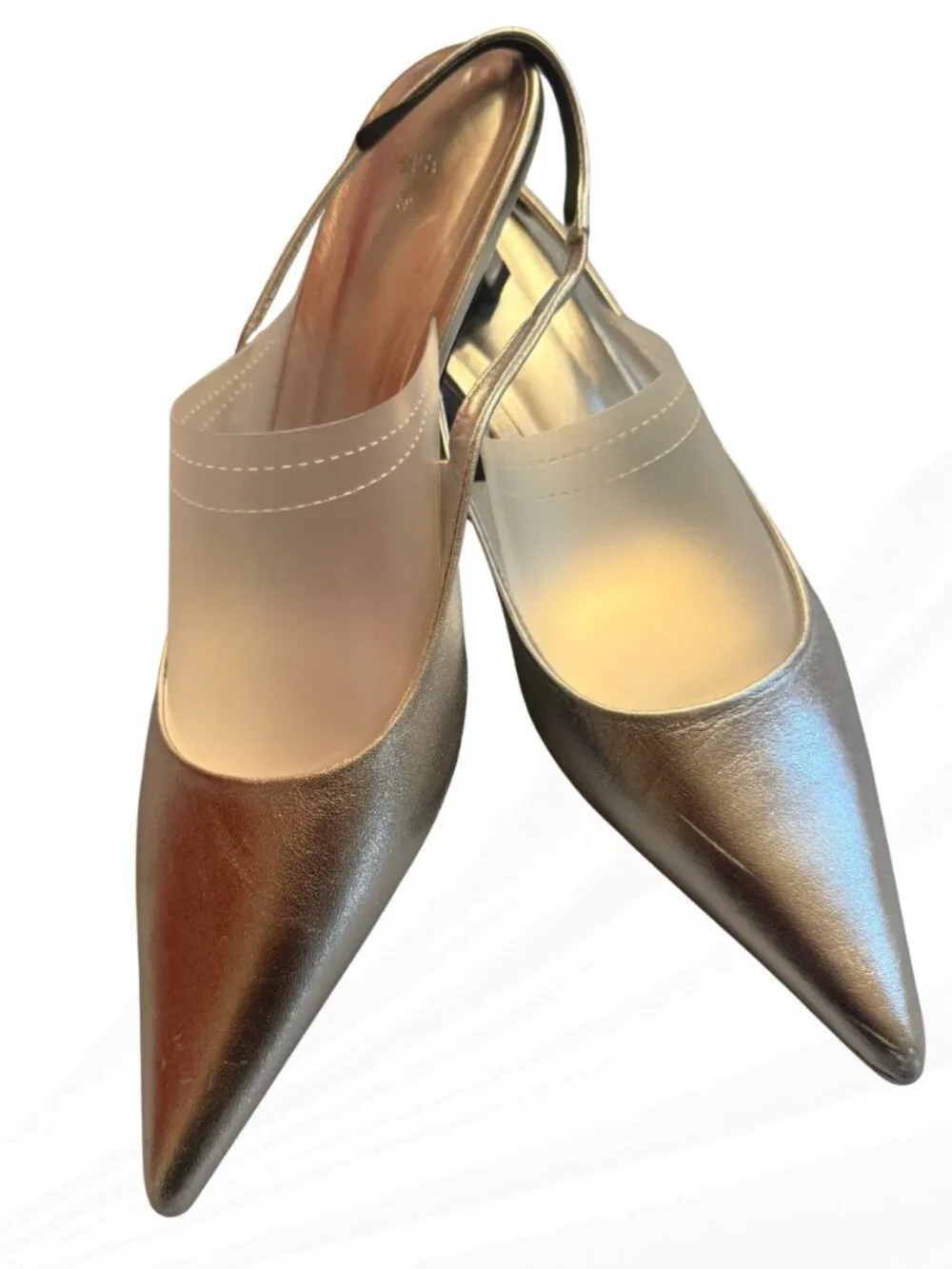 Zara Silver Metallic Slingback Heels Pointed Toe Pumps EU 39 US 8 NWOB Wedding - Picture 8 of 16